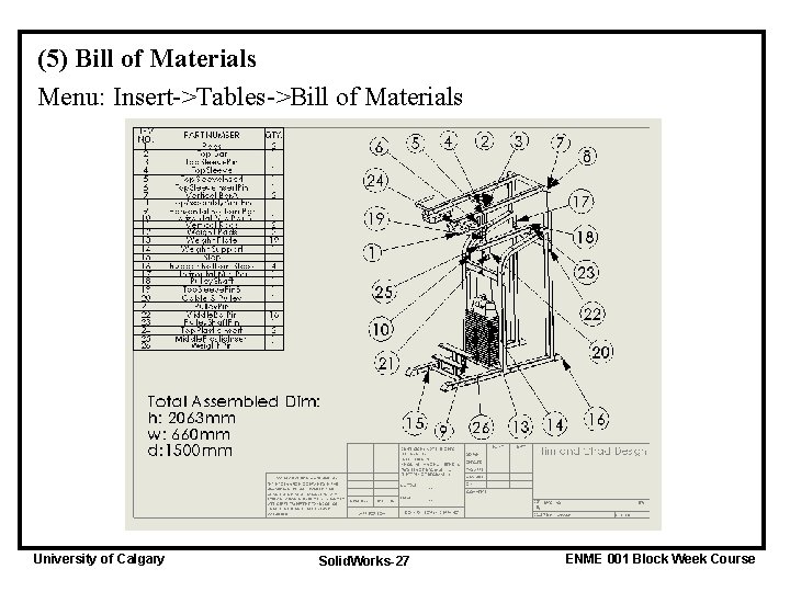 (5) Bill of Materials Menu: Insert->Tables->Bill of Materials University of Calgary Solid. Works-27 ENME