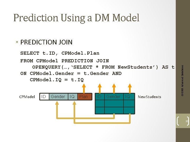 Prediction Using a DM Model SELECT t. ID, CPModel. Plan FROM CPModel PREDICTION JOIN