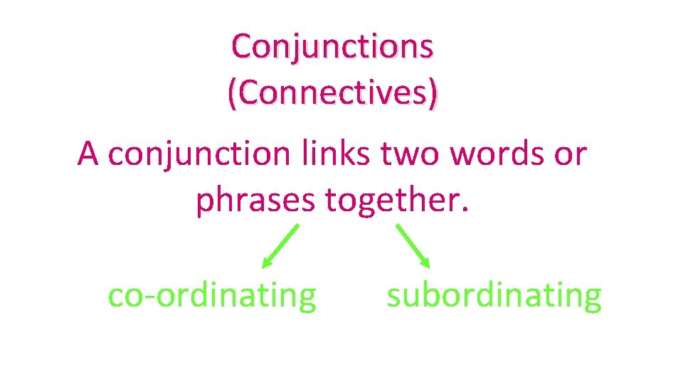 Conjunctions (Connectives) A conjunction links two words or phrases together. co-ordinating subordinating 