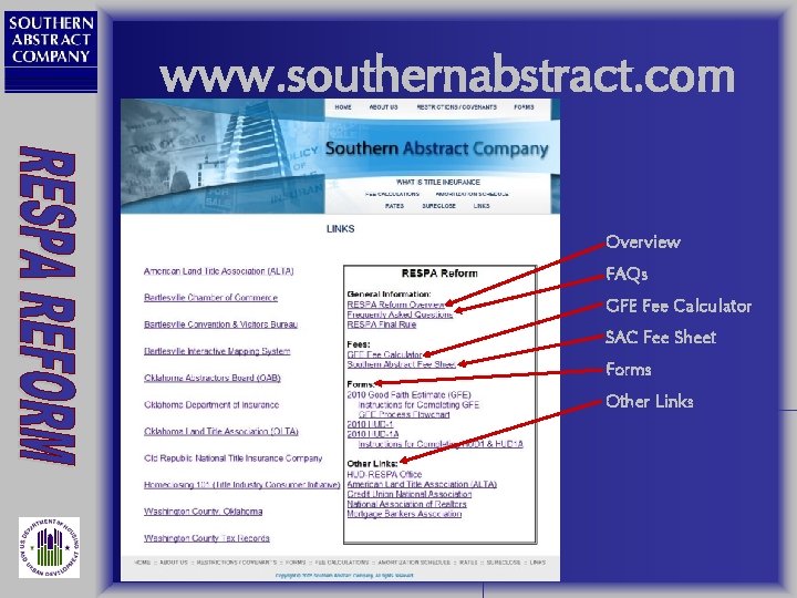 www. southernabstract. com Overview FAQs GFE Fee Calculator SAC Fee Sheet Forms Other Links