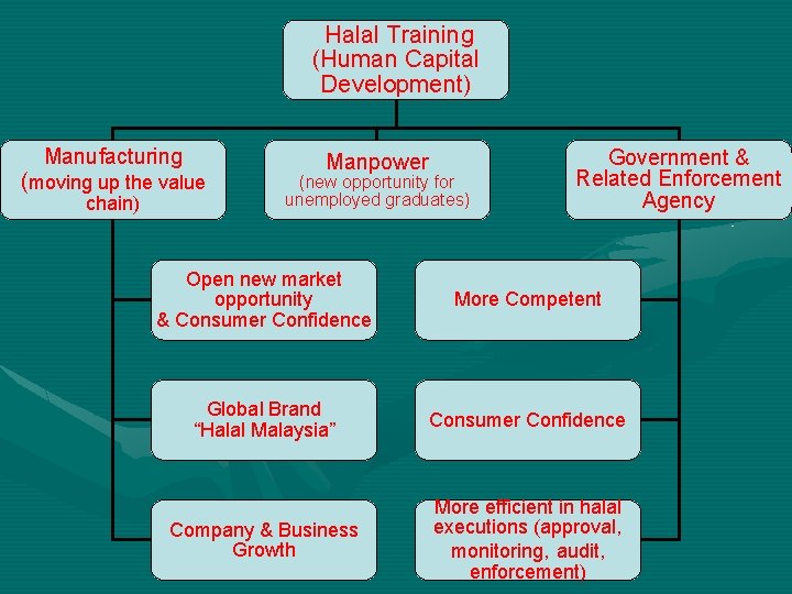  Halal Training (Human Capital Development) Manufacturing (moving up the value chain) Manpower (new