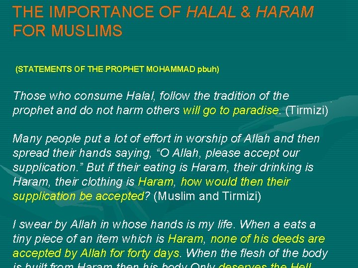 THE IMPORTANCE OF HALAL & HARAM FOR MUSLIMS (STATEMENTS OF THE PROPHET MOHAMMAD pbuh)