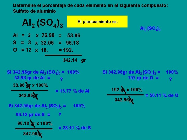 Determine el porcentaje de cada elemento en el siguiente compuesto: Sulfato de aluminio Al