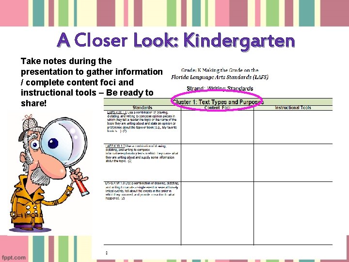 A Closer Look: Kindergarten Take notes during the presentation to gather information / complete