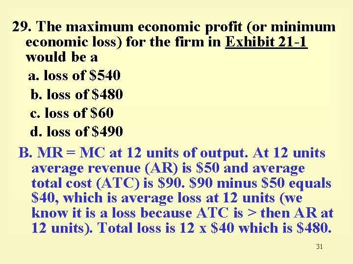 29. The maximum economic profit (or minimum economic loss) for the firm in Exhibit