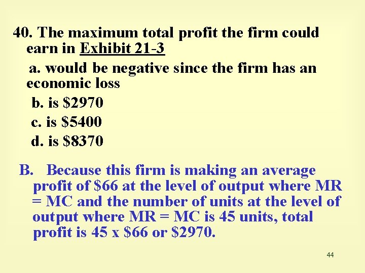 40. The maximum total profit the firm could earn in Exhibit 21 -3 a.