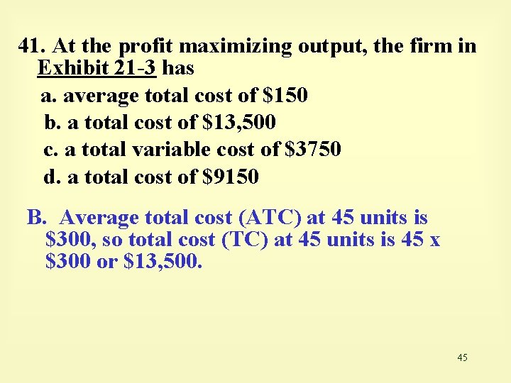 41. At the profit maximizing output, the firm in Exhibit 21 -3 has a.