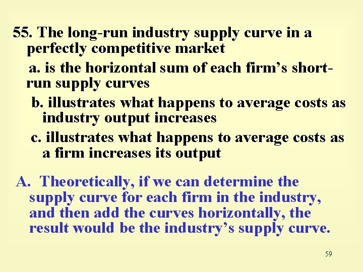 55. The long-run industry supply curve in a perfectly competitive market a. is the