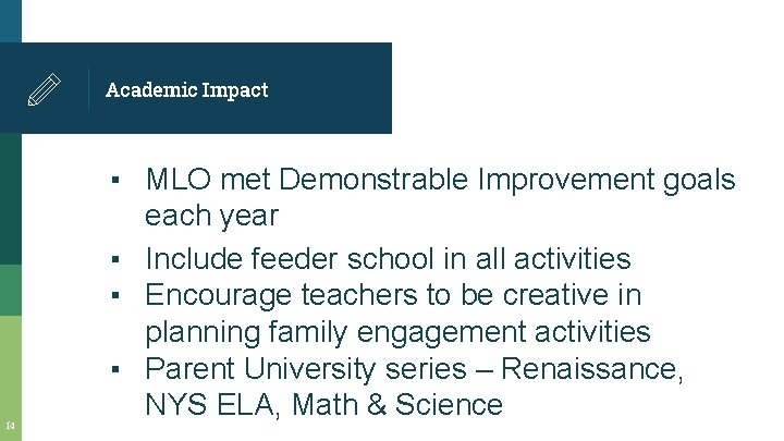Academic Impact 14 ▪ MLO met Demonstrable Improvement goals each year ▪ Include feeder Academic Impact 14 ▪ MLO met Demonstrable Improvement goals each year ▪ Include feeder