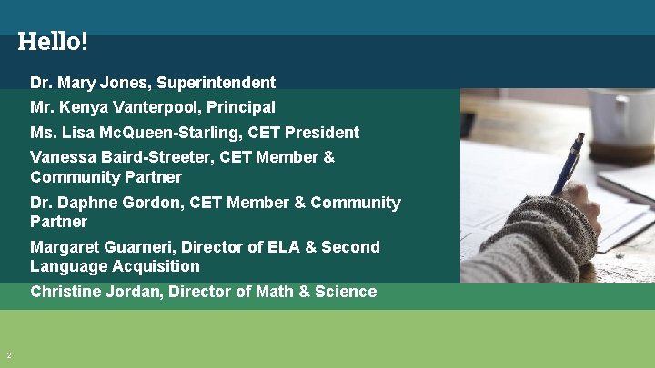 Hello! Dr. Mary Jones, Superintendent Mr. Kenya Vanterpool, Principal Ms. Lisa Mc. Queen-Starling, CET Hello! Dr. Mary Jones, Superintendent Mr. Kenya Vanterpool, Principal Ms. Lisa Mc. Queen-Starling, CET