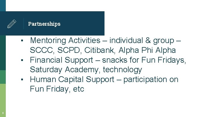 Partnerships ▪ Mentoring Activities – individual & group – SCCC, SCPD, Citibank, Alpha Phi Partnerships ▪ Mentoring Activities – individual & group – SCCC, SCPD, Citibank, Alpha Phi