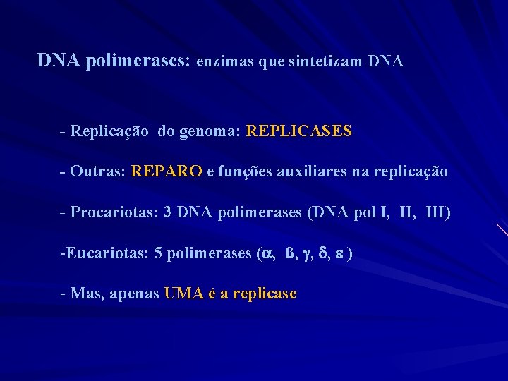 DNA polimerases: enzimas que sintetizam DNA - Replicação do genoma: REPLICASES - Outras: REPARO