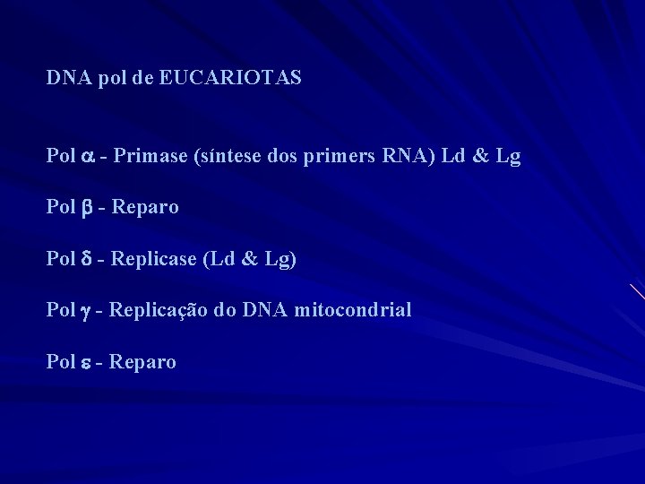 DNA pol de EUCARIOTAS Pol - Primase (síntese dos primers RNA) Ld & Lg