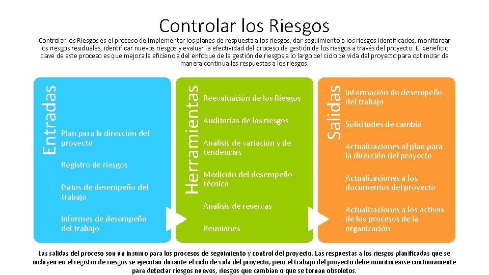 Controlar los Riesgos Registro de riesgos Datos de desempeño del trabajo Informes de desempeño