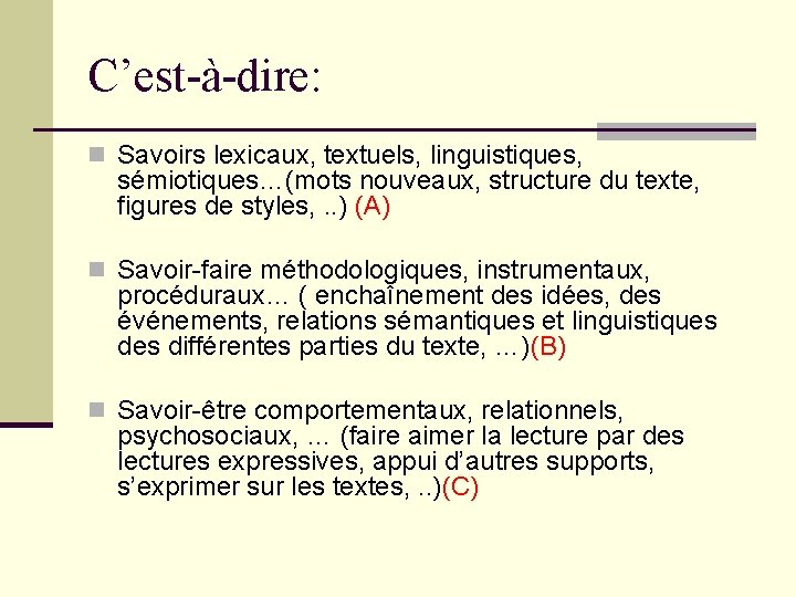 C’est-à-dire: n Savoirs lexicaux, textuels, linguistiques, sémiotiques…(mots nouveaux, structure du texte, figures de styles, C’est-à-dire: n Savoirs lexicaux, textuels, linguistiques, sémiotiques…(mots nouveaux, structure du texte, figures de styles,