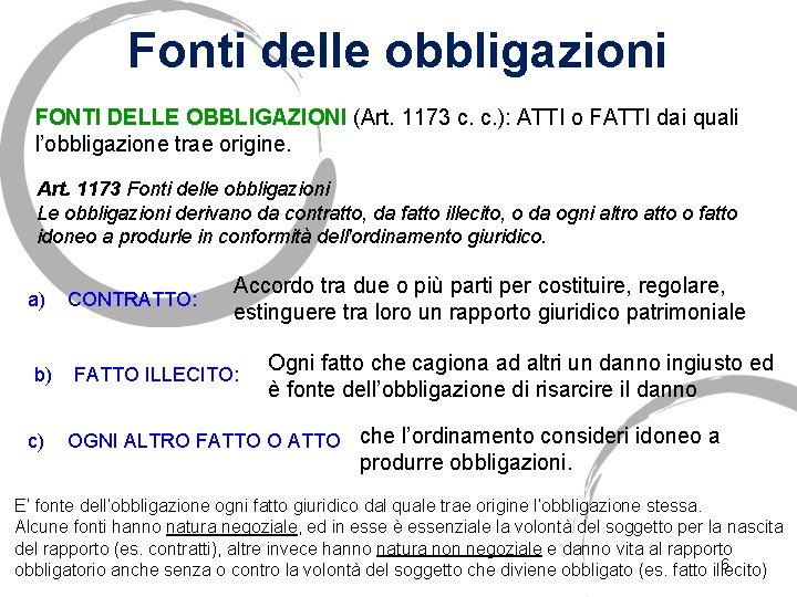 Fonti delle obbligazioni FONTI DELLE OBBLIGAZIONI (Art. 1173 c. c. ): ATTI o FATTI