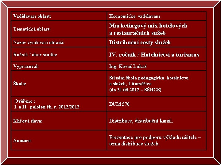 Vzdělávací oblast: Ekonomické vzdělávání Tematická oblast: Marketingový mix hotelových a restauračních sužeb Název vyučovací