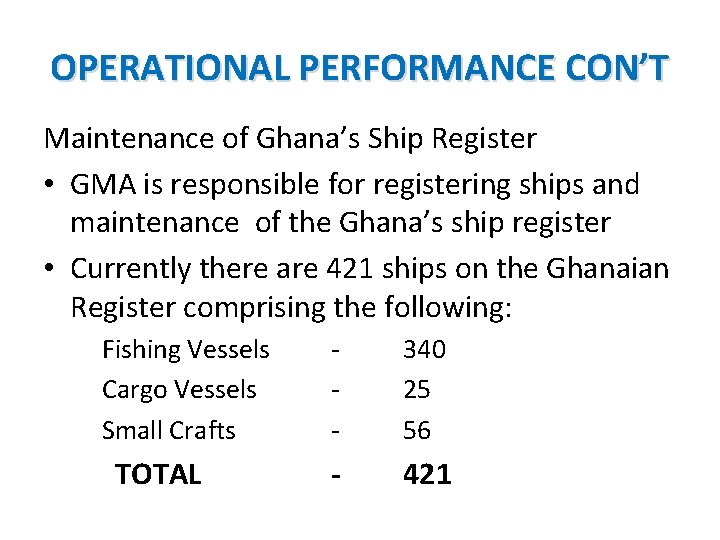 OPERATIONAL PERFORMANCE CON’T Maintenance of Ghana’s Ship Register • GMA is responsible for registering
