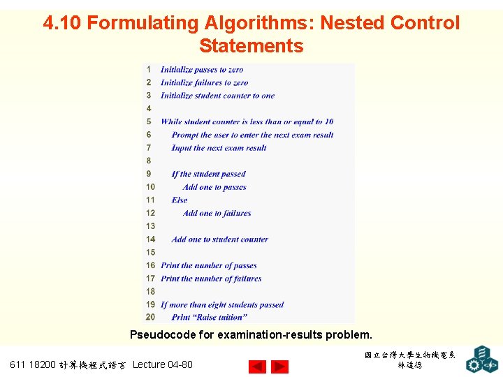 4. 10 Formulating Algorithms: Nested Control Statements Pseudocode for examination-results problem. 611 18200 計算機程式語言