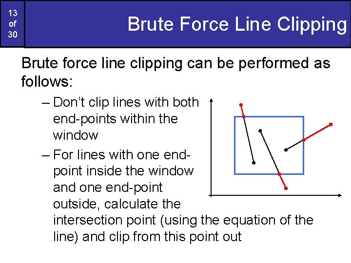 13 of 30 Brute Force Line Clipping Brute force line clipping can be performed