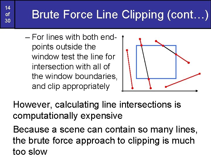 14 of 30 Brute Force Line Clipping (cont…) – For lines with both endpoints