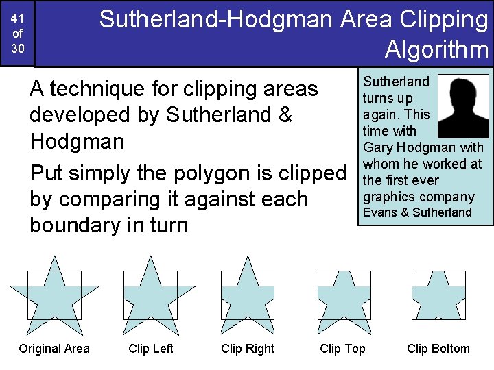 Sutherland-Hodgman Area Clipping Algorithm 41 of 30 A technique for clipping areas developed by