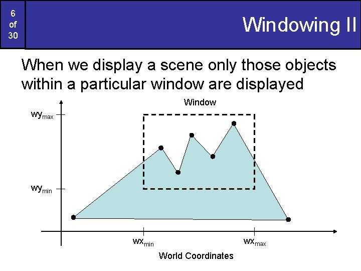 6 of 30 Windowing II When we display a scene only those objects within