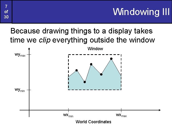 7 of 30 Windowing III Because drawing things to a display takes time we