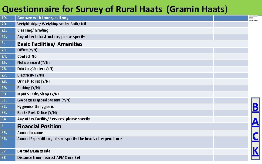 Questionnaire for Survey of Rural Haats (Gramin Haats) 19. 20. 21. 22. E. Godown