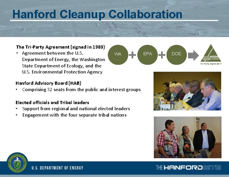 Hanford Cleanup Collaboration The Tri-Party Agreement (signed in 1989) • Agreement between the U.
