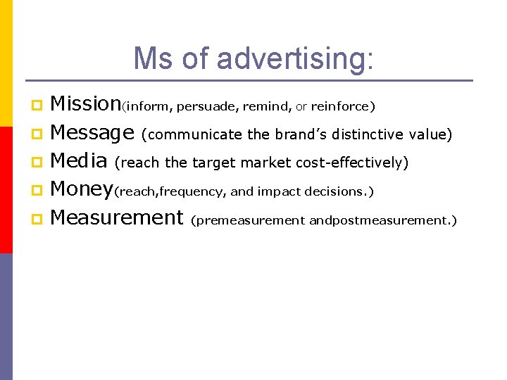 Ms of advertising: Mission(inform, persuade, remind, or reinforce) p Message (communicate the brand’s distinctive