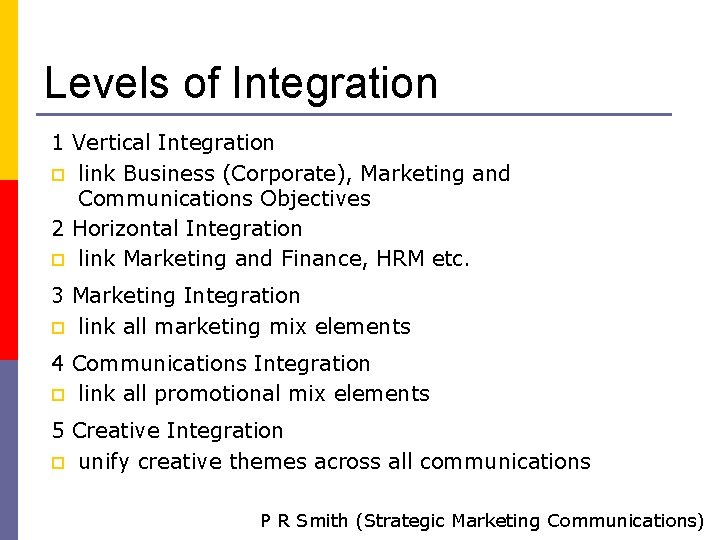 Levels of Integration 1 Vertical Integration p link Business (Corporate), Marketing and Communications Objectives