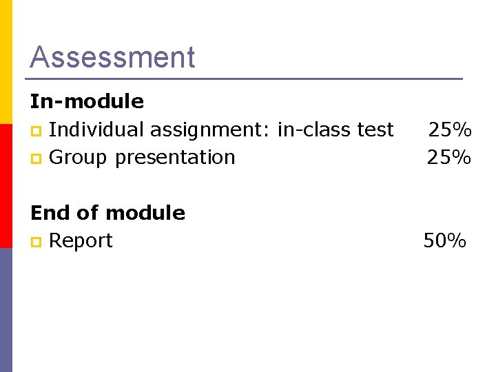 Assessment In-module p Individual assignment: in-class test p Group presentation 25% End of module