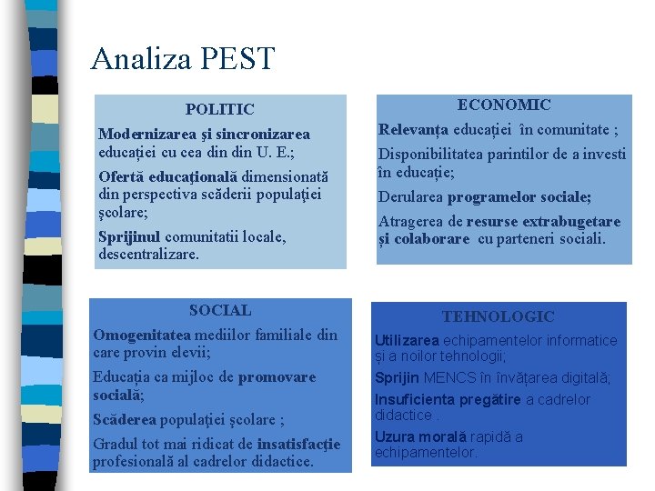 Analiza PEST POLITIC Modernizarea şi sincronizarea educației cu cea din U. E. ; Ofertă