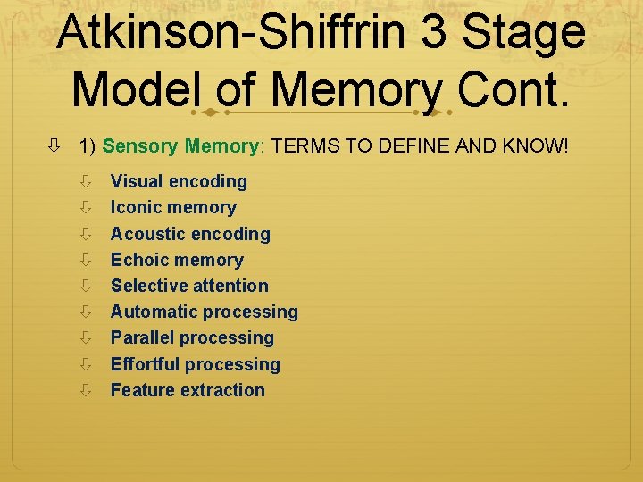 Atkinson-Shiffrin 3 Stage Model of Memory Cont. 1) Sensory Memory: TERMS TO DEFINE AND Atkinson-Shiffrin 3 Stage Model of Memory Cont. 1) Sensory Memory: TERMS TO DEFINE AND