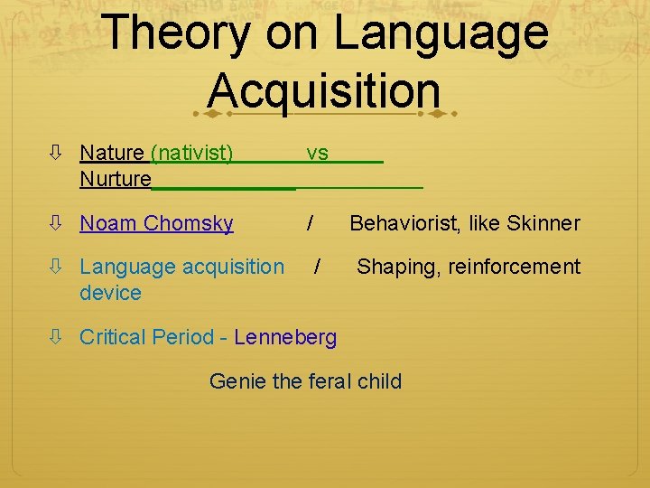 Theory on Language Acquisition Nature (nativist) vs Nurture______ Noam Chomsky Language acquisition device / Theory on Language Acquisition Nature (nativist) vs Nurture______ Noam Chomsky Language acquisition device /