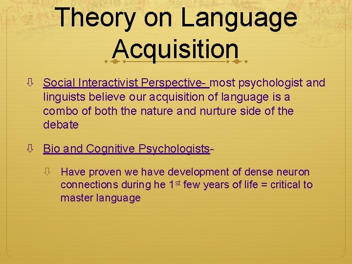 Theory on Language Acquisition Social Interactivist Perspective- most psychologist and linguists believe our acquisition Theory on Language Acquisition Social Interactivist Perspective- most psychologist and linguists believe our acquisition