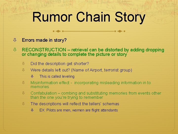 Rumor Chain Story Errors made in story? RECONSTRUCTION – retrieval can be distorted by Rumor Chain Story Errors made in story? RECONSTRUCTION – retrieval can be distorted by