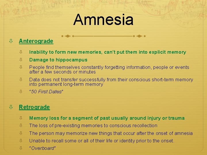 Amnesia Anterograde Inability to form new memories, can’t put them into explicit memory Damage Amnesia Anterograde Inability to form new memories, can’t put them into explicit memory Damage