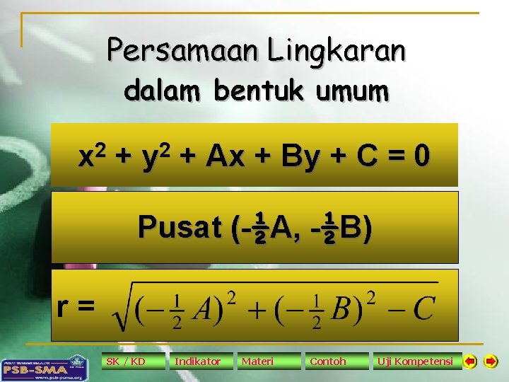 Persamaan Lingkaran dalam bentuk umum x 2 + y 2 + Ax + By