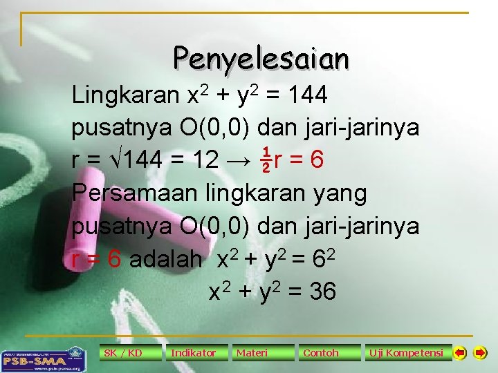 Penyelesaian Lingkaran x 2 + y 2 = 144 pusatnya O(0, 0) dan jari-jarinya