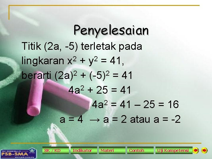 Penyelesaian Titik (2 a, -5) terletak pada lingkaran x 2 + y 2 =