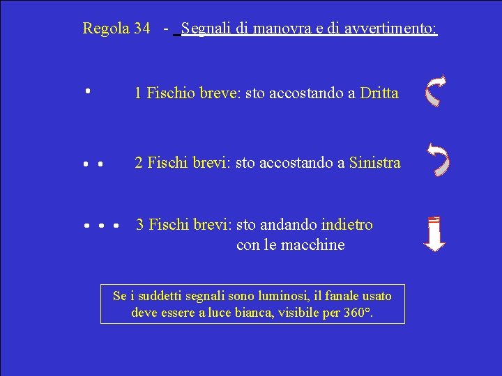 Regola 34 - Segnali di manovra e di avvertimento: 1 Fischio breve: sto accostando