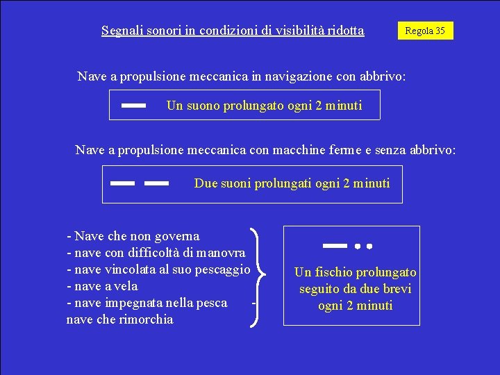 Segnali sonori in condizioni di visibilità ridotta Regola 35 Nave a propulsione meccanica in