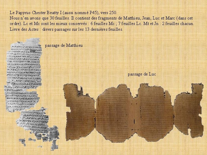 Le Papyrus Chester Beatty I (aussi nommé P 45), vers 250. Nous n’en avons