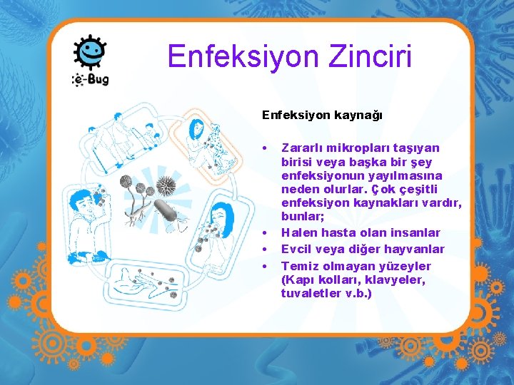 Enfeksiyon Zinciri Enfeksiyon kaynağı • Zararlı mikropları taşıyan birisi veya başka bir şey enfeksiyonun