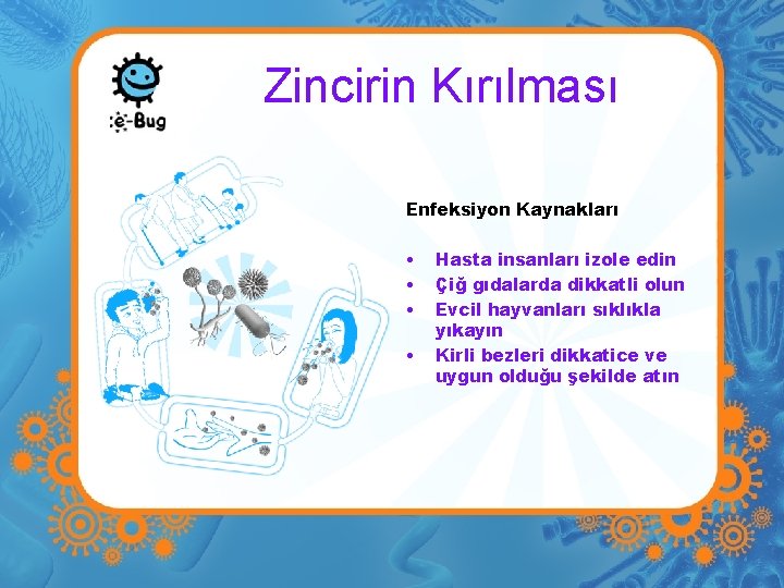 Zincirin Kırılması Enfeksiyon Kaynakları • • Hasta insanları izole edin Çiğ gıdalarda dikkatli olun