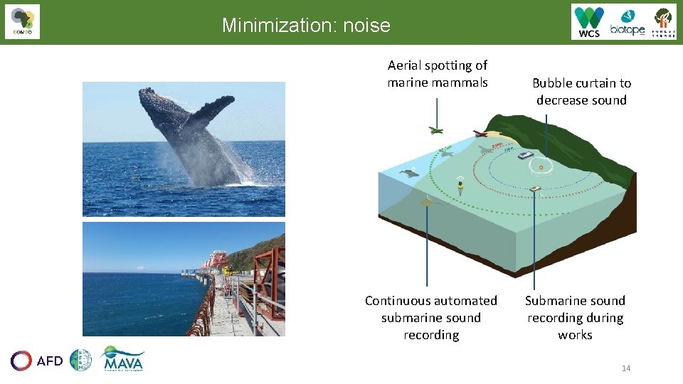 Minimization: noise Aerial spotting of marine mammals Continuous automated submarine sound recording Bubble curtain Minimization: noise Aerial spotting of marine mammals Continuous automated submarine sound recording Bubble curtain