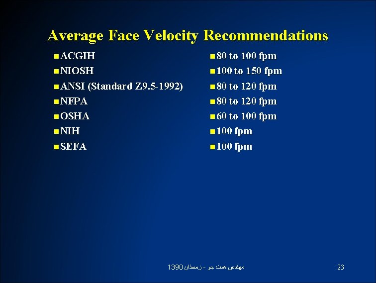 Average Face Velocity Recommendations n. ACGIH n 80 to 100 fpm n. NIOSH n