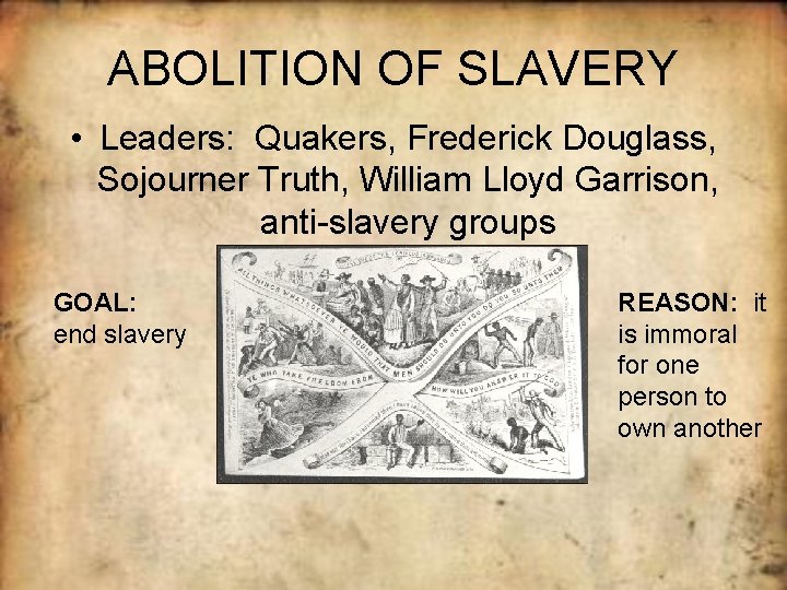 ABOLITION OF SLAVERY • Leaders: Quakers, Frederick Douglass, Sojourner Truth, William Lloyd Garrison, anti-slavery